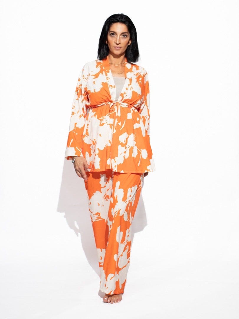 ensemble kimono et pantalon large femme orange fleur