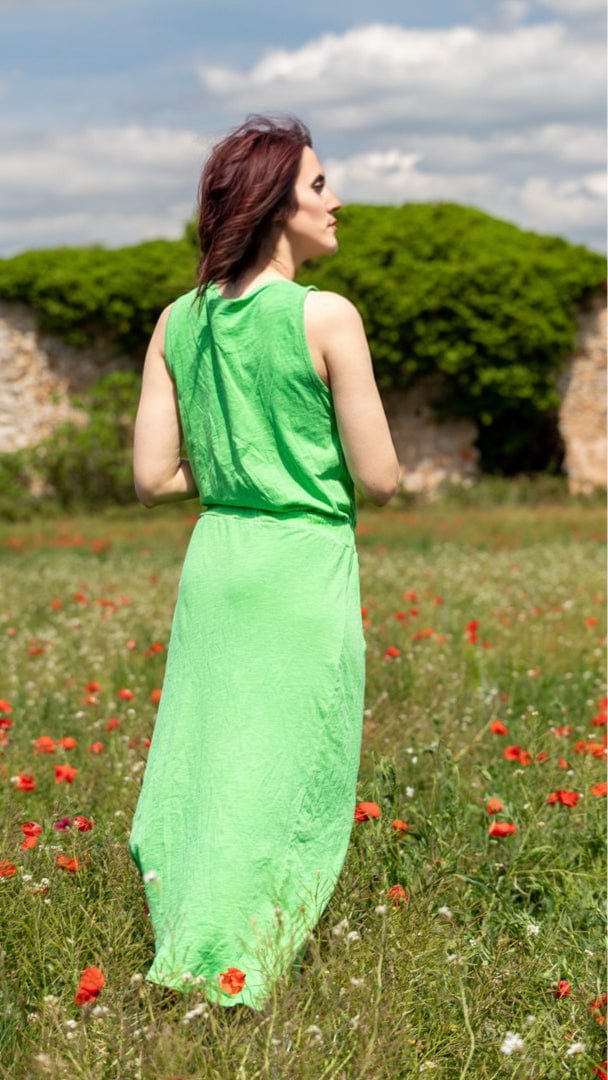 robe longue verte lacet a la taille femme