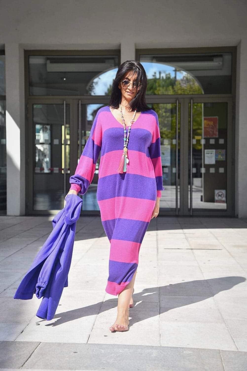 robe longue violette rayure col v laine 